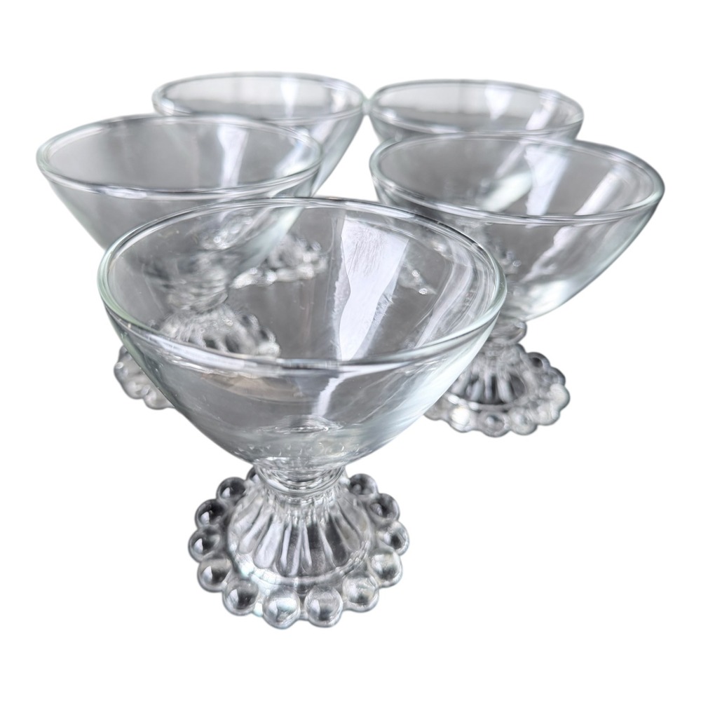 Vintage‎ Glass Dessert Bowls Set of 5 Beaded Footed Clear Ice Cream Cups 4 inch